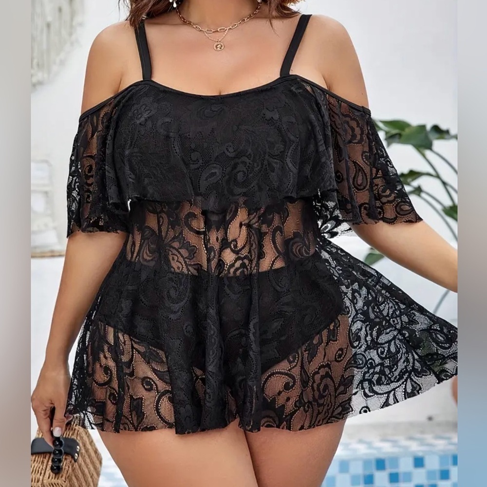 Plus Size Black Lace Off Shoulder High Waist  Tankini Set